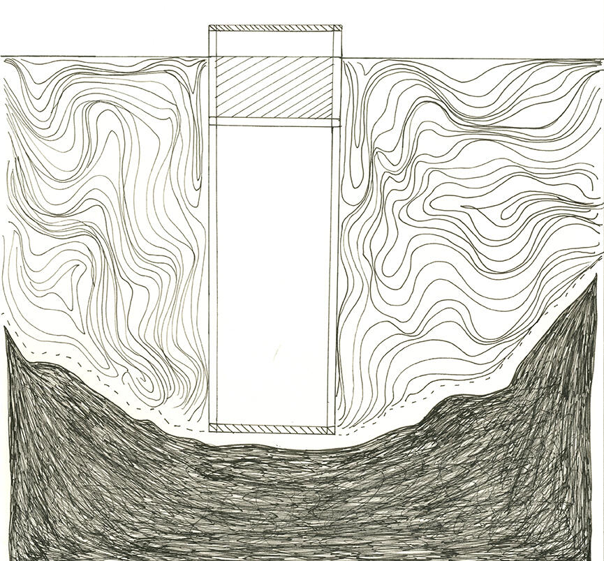 Front section view of structure, texturally giving fluidity and life to the water and rigidity to the scratchy, rocky lakebed.
